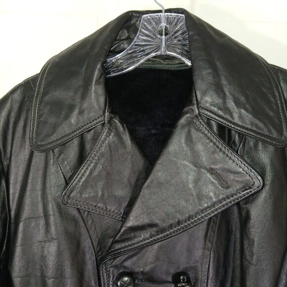 Vintage Mens Sz S Black Leather Trench Coat Removable Faux Fur Lining Old Money - Picture 4 of 16